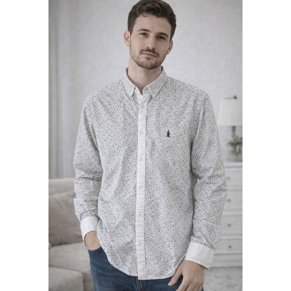 Japan Rags Men’s Button Down Shirt XL EU White Floral Pattern Long Sleeve Cotton